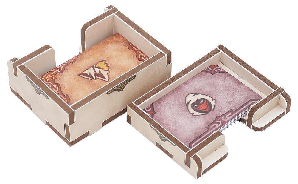 Two card holders with cards featuring symbols on a white background