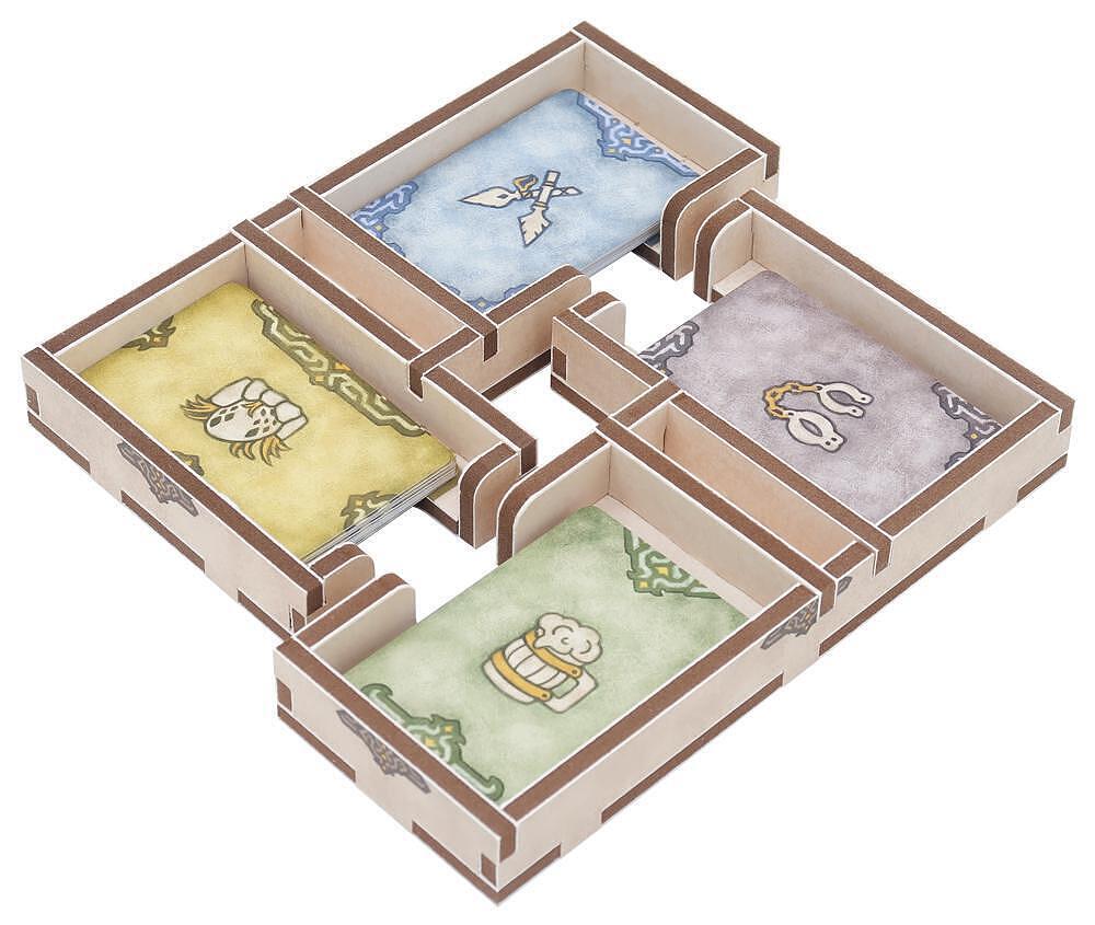 Card game box with four compartments containing cards with cartoon characters on a white background