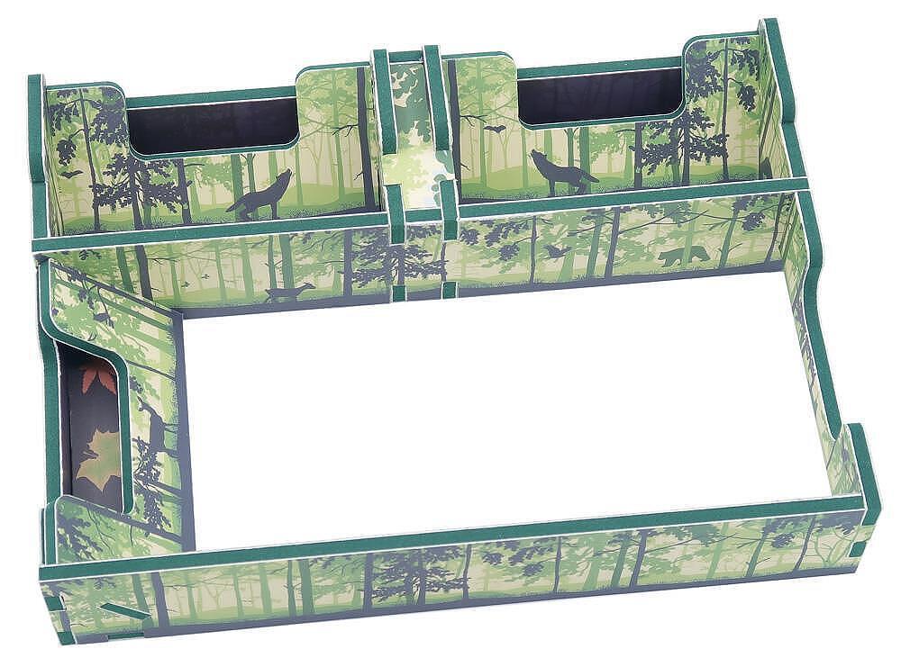Cardboard display tray with forest design featuring wolves and trees
