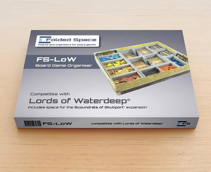 Folded Space FS-LoW board game organizer packaging on a wooden surface