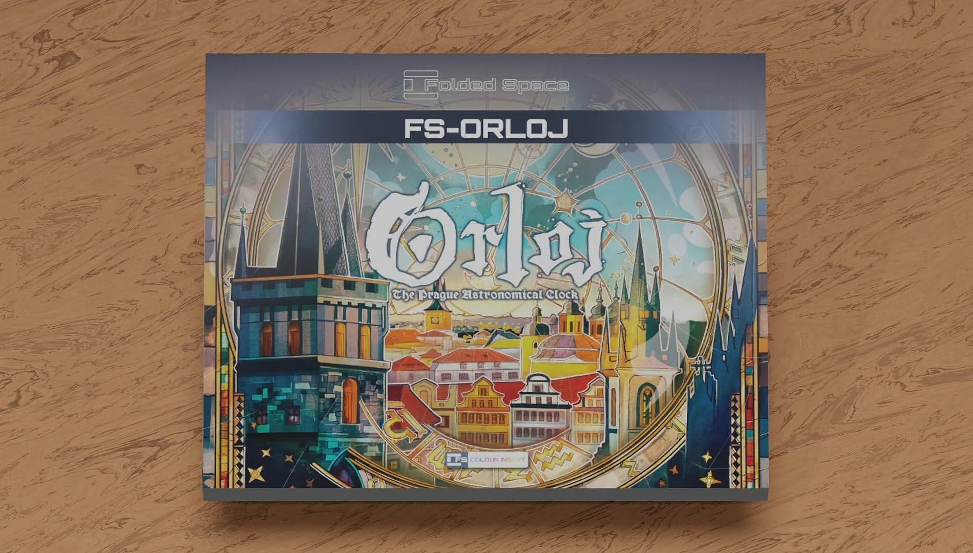 Board game box for 'Orloj' on a wooden surface
