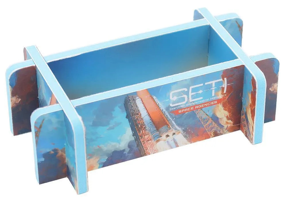 Rectangular display stand with 'SETI' branding and space-themed design on a white background