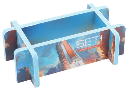 Rectangular display stand with 'SETI' branding and space-themed design on a white background
