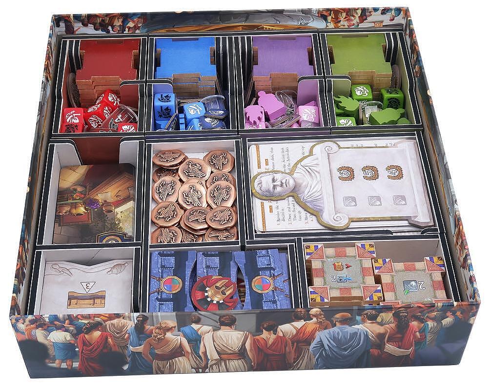 Board game box with various components including dice and cards displayed.