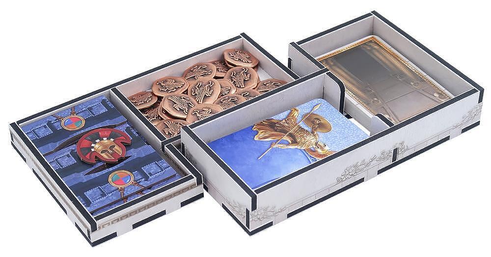 Decorative jewelry box with compartments containing jewelry items on a white background