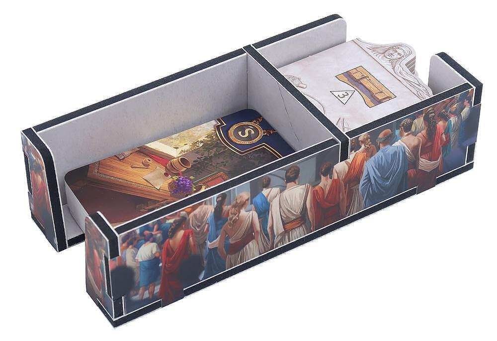 Card game box with illustrated scenes of people and a table