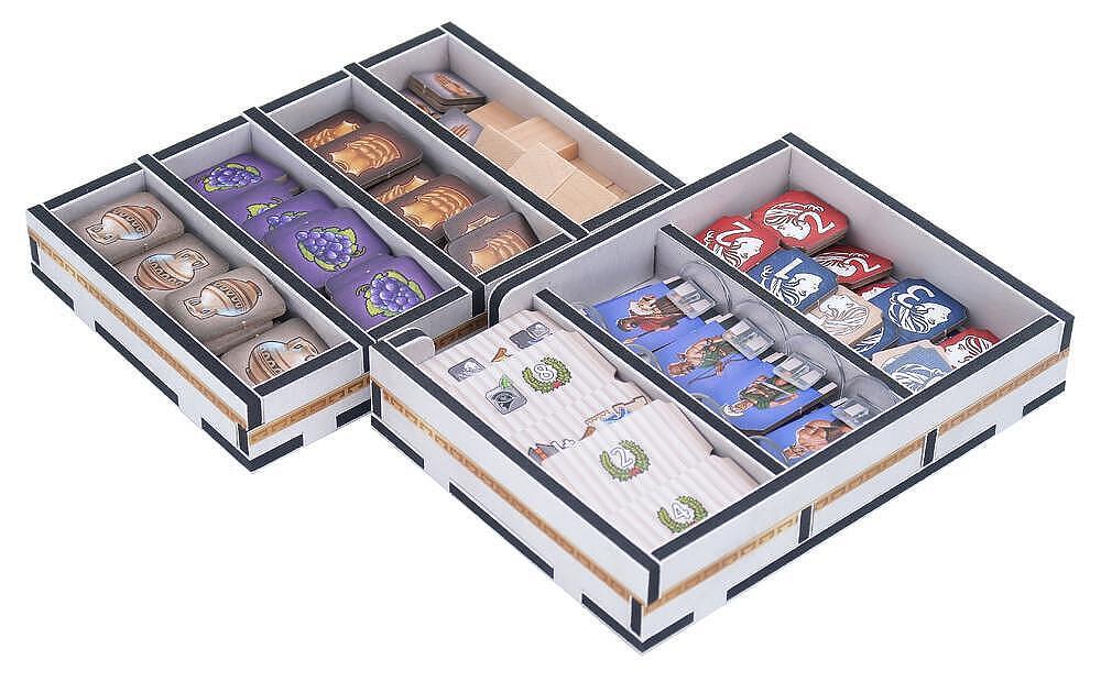 Divided storage box with compartments containing various items on a white background