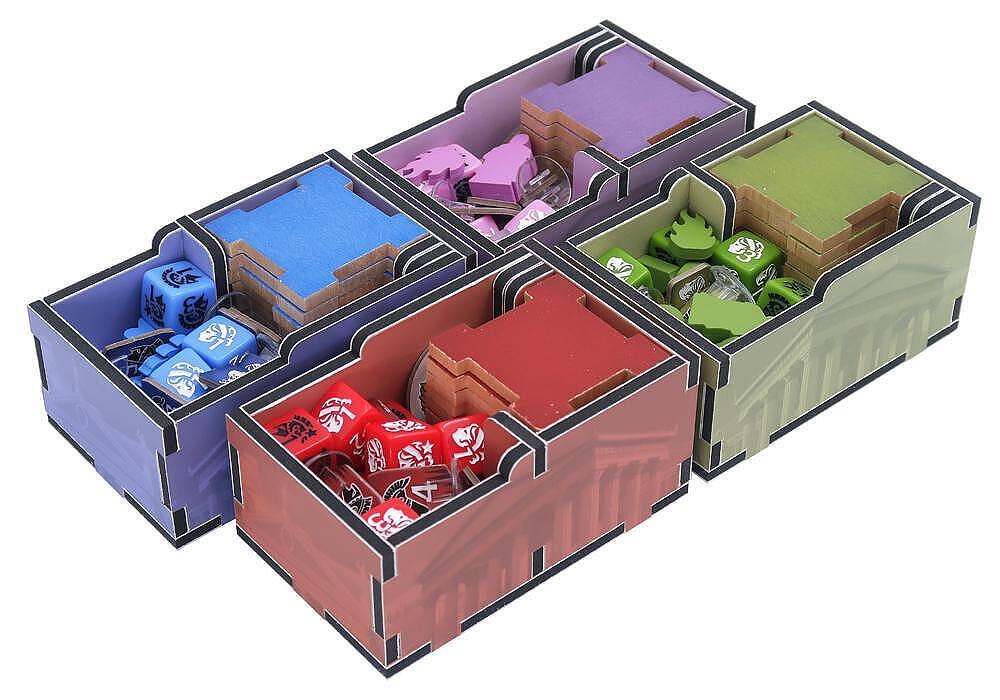 Colorful dice and card organizer with compartments on a white background