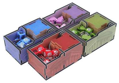 Colorful dice and card organizer with compartments on a white background