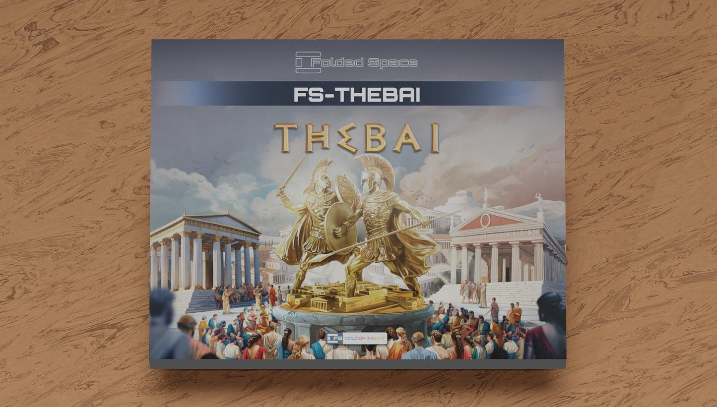 Board game box titled 'Thebai' by Feral Games on a wooden surface