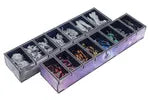 Set of small figurines in a display case with a purple background