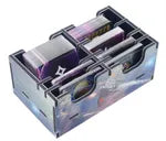 Clear plastic case with compartments holding small items, including a purple object.
