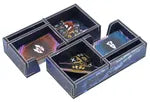 Cardboard game box with compartments containing cards and pieces