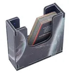 Clear plastic card holder with a black base on a white background