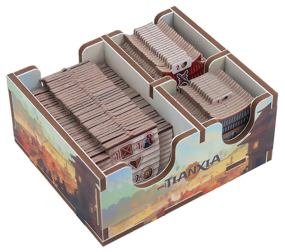 Cardboard game box with card stacks and 'Tian Xia' branding on a white background