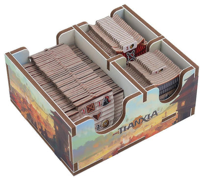 Cardboard game box with card stacks and 'Tian Xia' branding on a white background