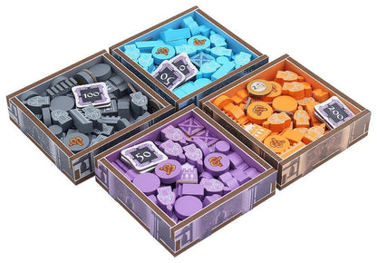 Four cardboard boxes containing colorful wooden pieces with symbols on a white background