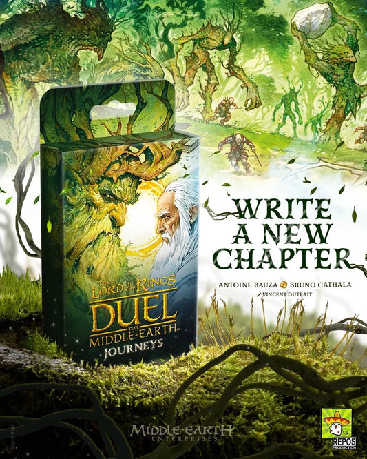 Card game box for Lord of the Rings: Duel - Middle-earth Journeys, shown in front of a large illustrated scene of a forest with a white-bearded figure and the text 'WRITE A NEW CHAPTER'. Visible branding includes Middle-earth Journeys and Reeds & Wood.