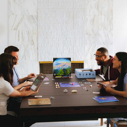 Group of people playing a board game in a modern indoor setting